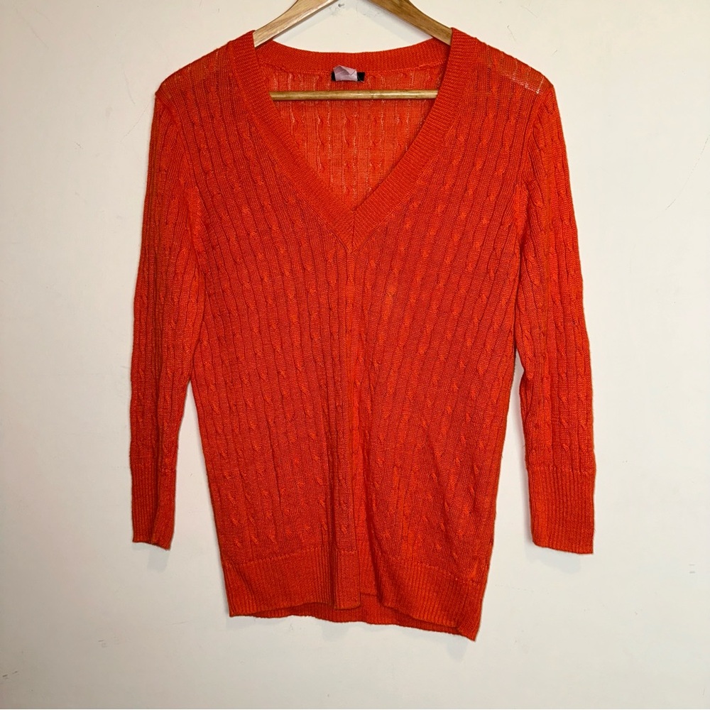 J Crew Women’s L 100% Linen Sweater Orange Cable Knit V Neck Pullover Preppy Y2K